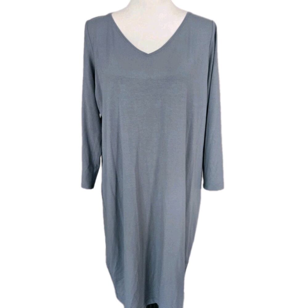 Eileen Fisher Viscose Spandex VNeck Soft Blue Gray Long Sleeve Shift Dress Sz L